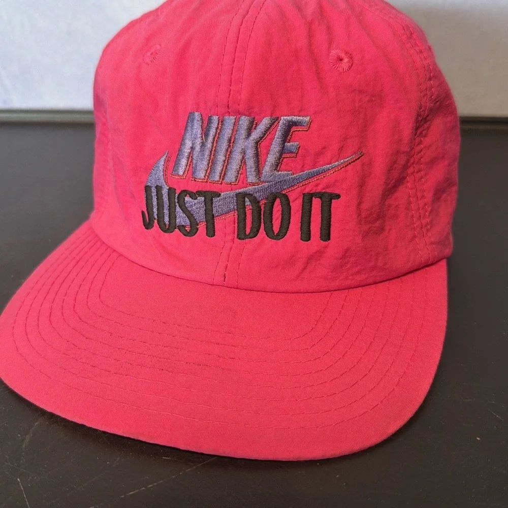 VTG NIKE Swoosh Spell Out Nylon Neon Pink RARE Retro 80s 90s Running Panel Hat